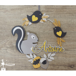 Cercle décoré 20cm Animaux de la forêt, écureuil, oiseaux, gris, jaune et blanc