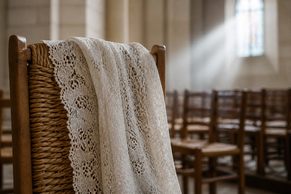 Étole en dentelle claire posée sur le dossier d’une chaise dans une nef éclairée