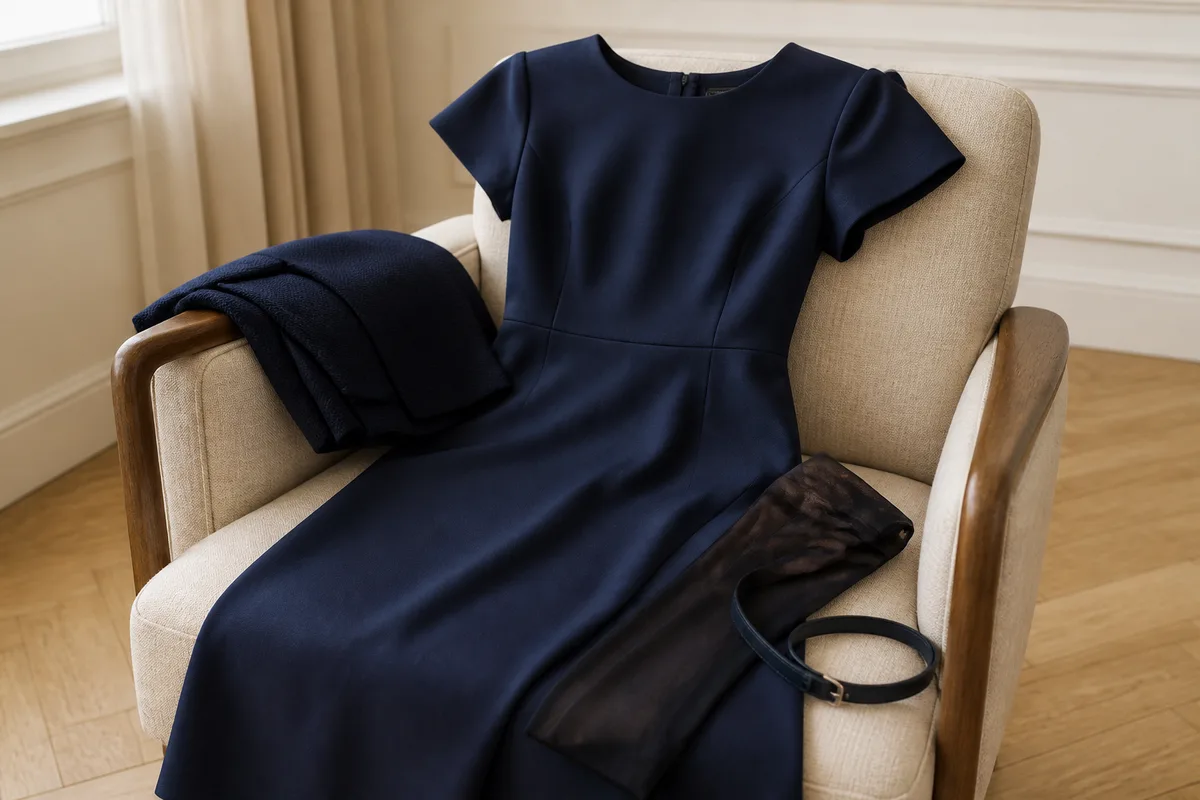 Robe midi en crêpe bleu marine et veste courte posées sur un fauteuil clair
