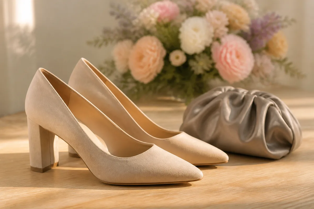 Escarpins à talon bloc et petite pochette posés près d’un bouquet pastel