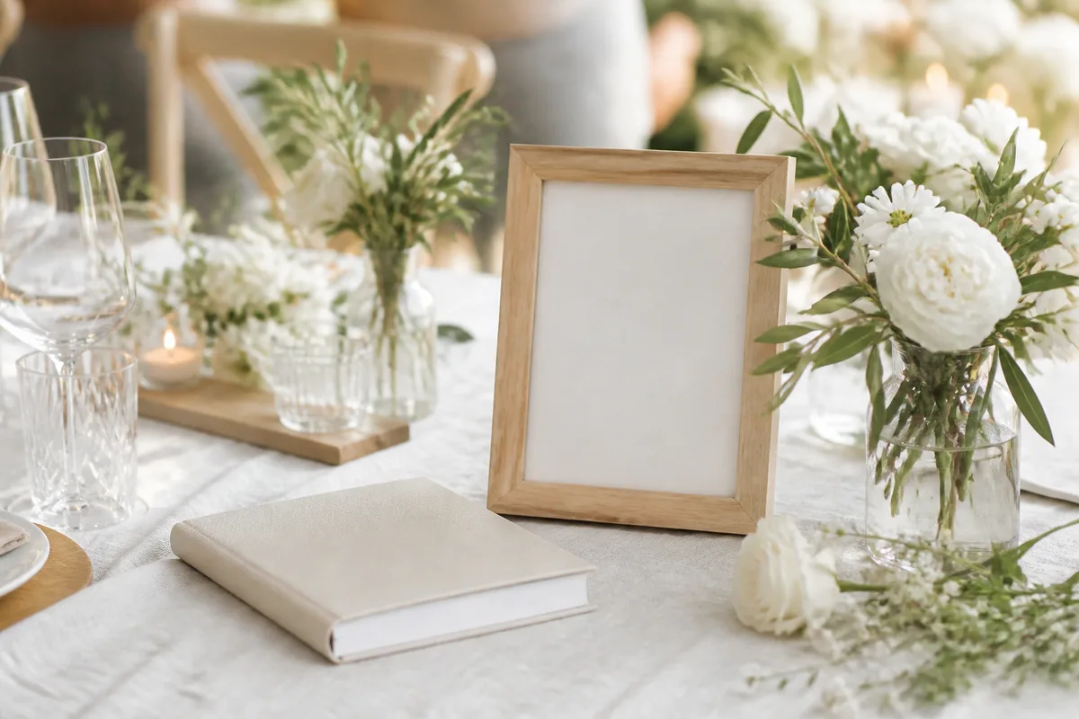 Cadre photo en bois clair et carnet posés sur une table décorée de fleurs blanches