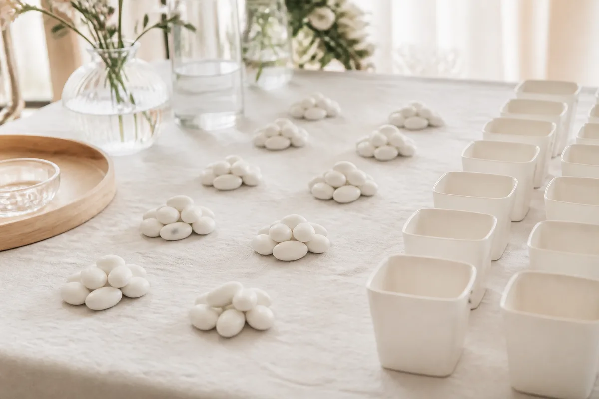 Dragées aux amandes pesées sur une balance de cuisine à côté de petits contenants blancs