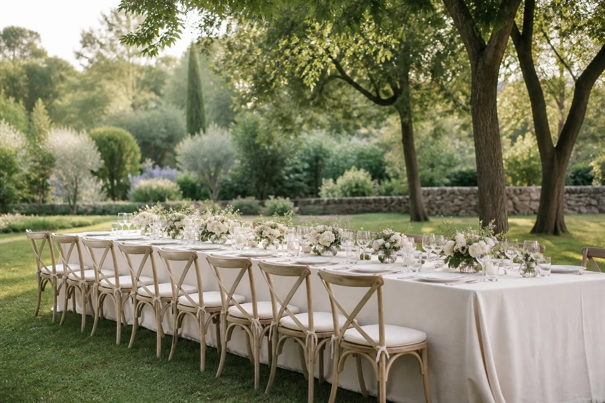 Table de fête dressée en blanc et rose, avec contenants à dragées, marque-places et petites fleurs