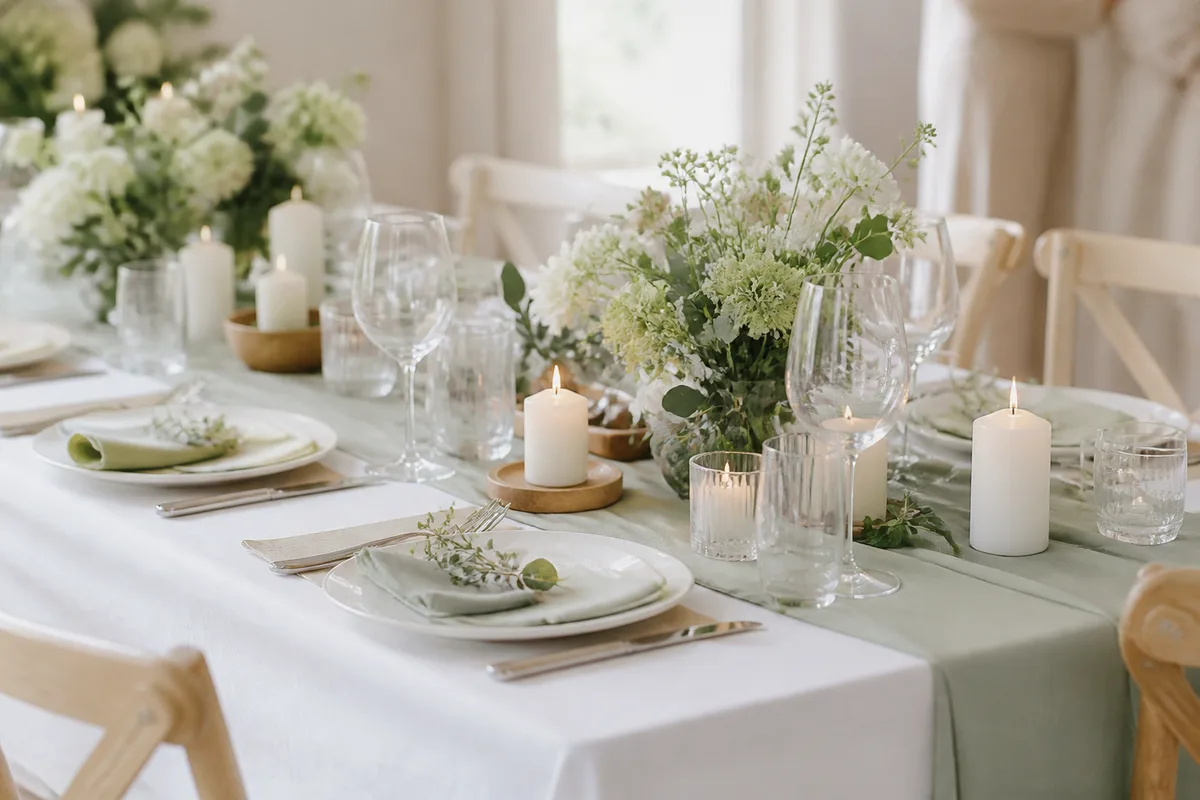 Table de baptême dressée en blanc et vert avec un chemin de table et des bougies basses