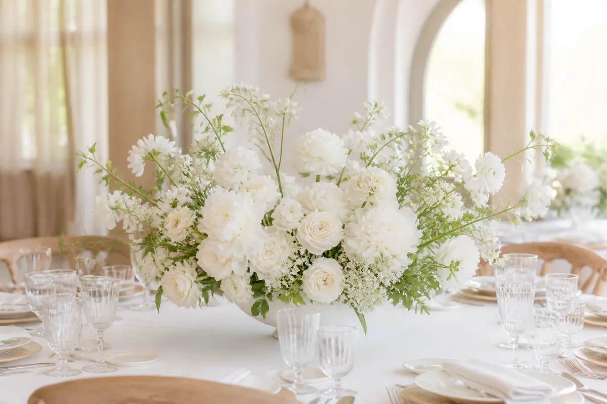 Table d&rsquo;accueil avec un grand bouquet blanc servant de point fort visuel unique