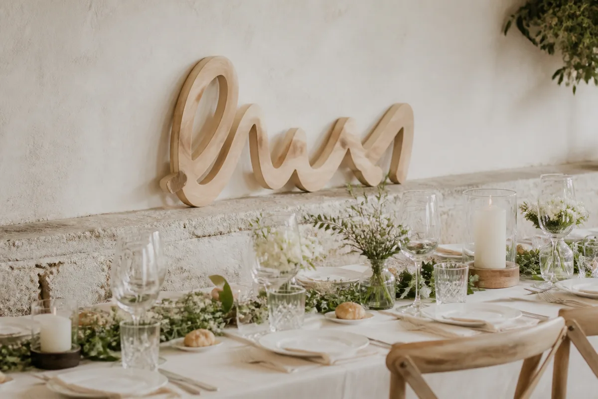 Prénom découpé en bois clair posé contre un mur au-dessus d’une table décorée