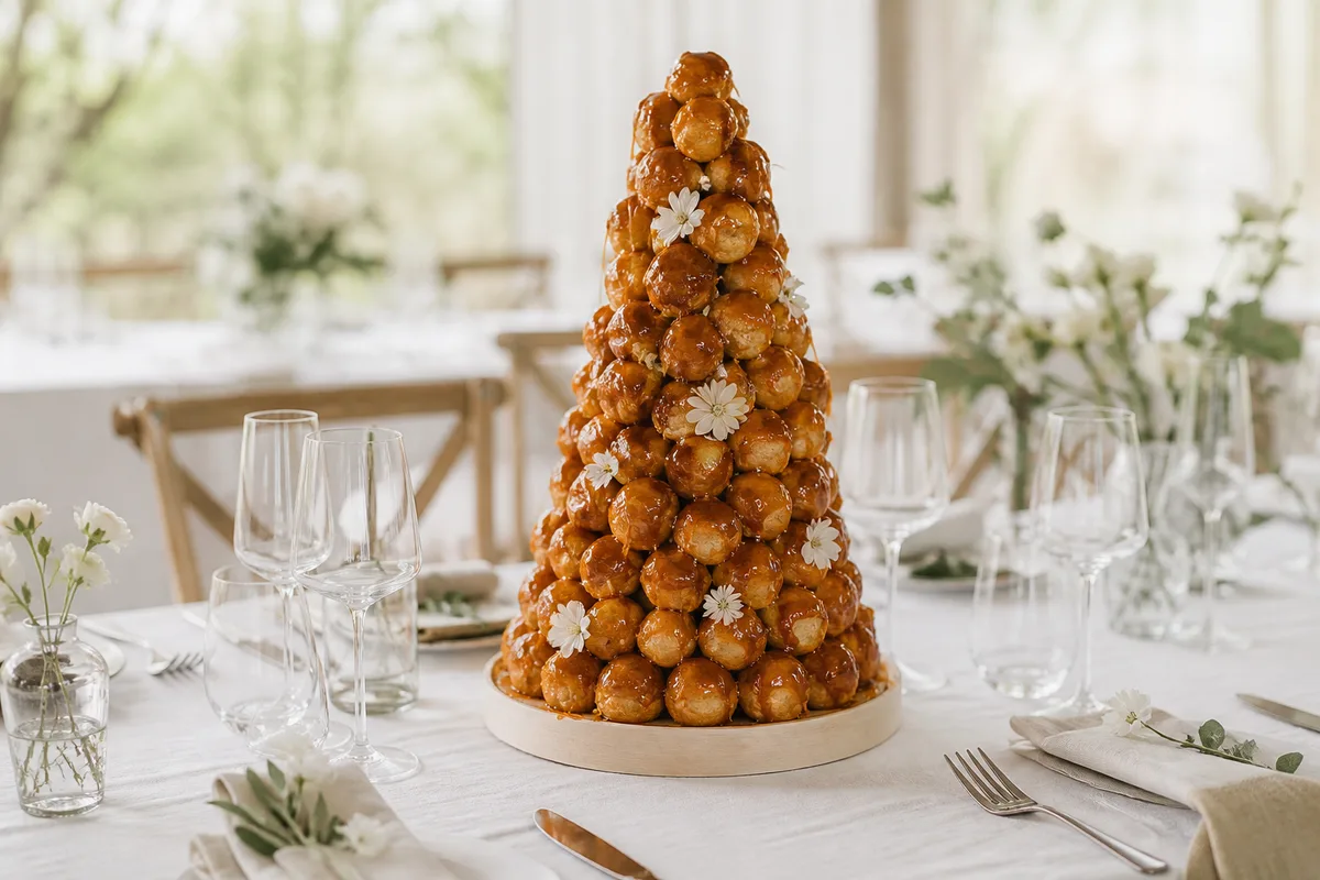 Croquembouche en cône de choux caramélisés présenté sur un socle rond