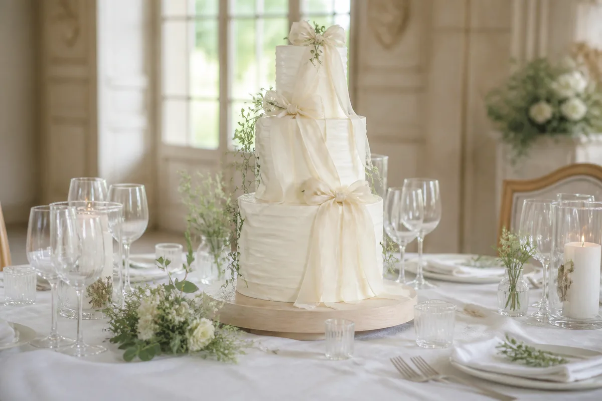 Gâteau à étages blanc décoré de rubans clairs sur une table de réception