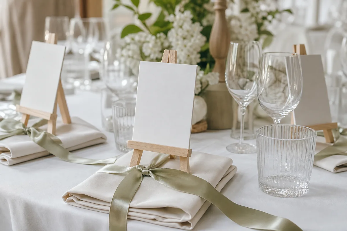 Marque-places en bois clair et cartes calligraphiées posés sur des serviettes pliées
